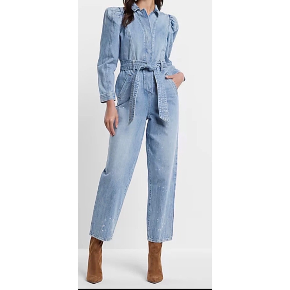 Express Light Wash Denim Puff Sleeve Belted Jumpsuit Size 12 Splatter Detail
